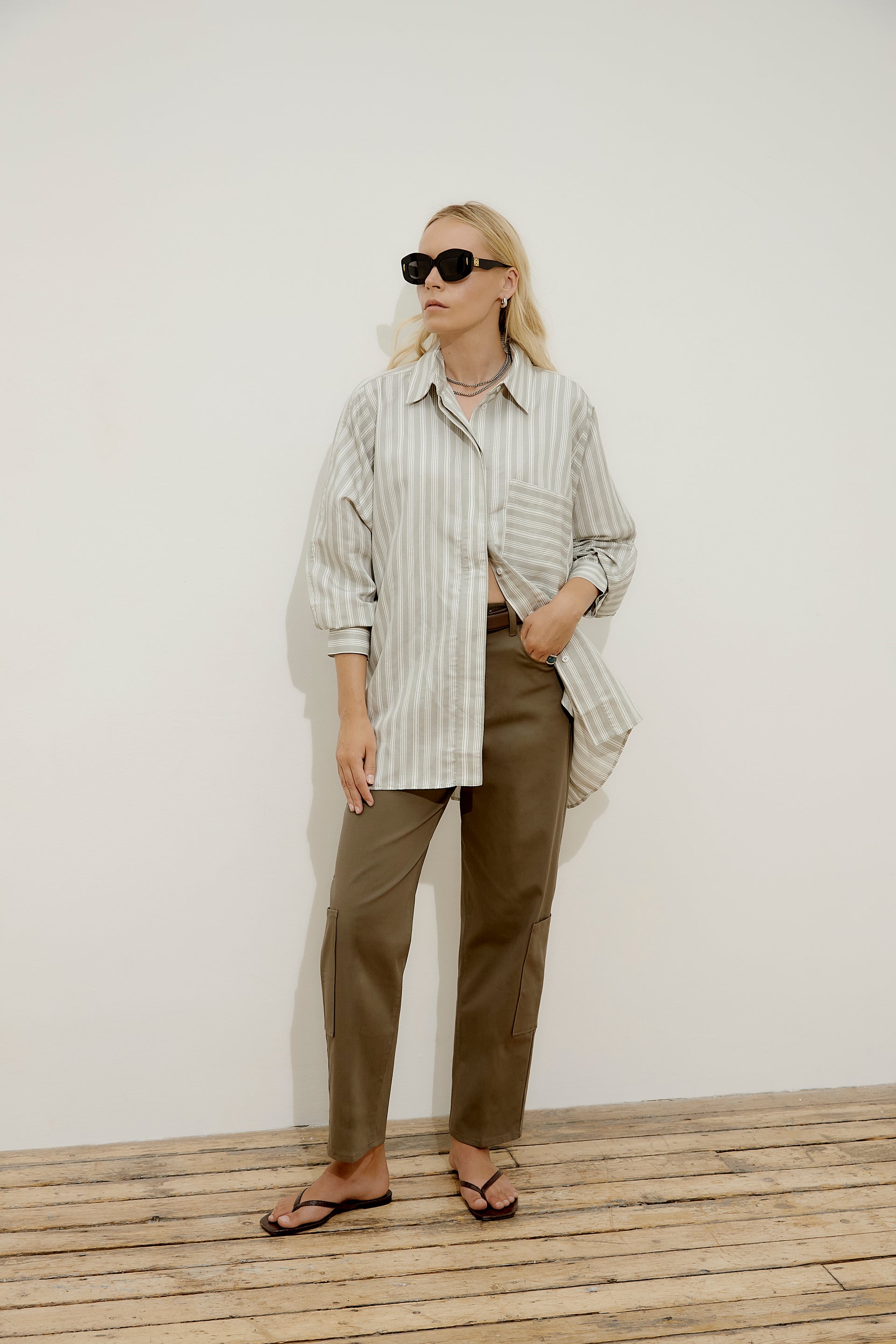 Stevie Oversized Shirt – Sage and Off-White
