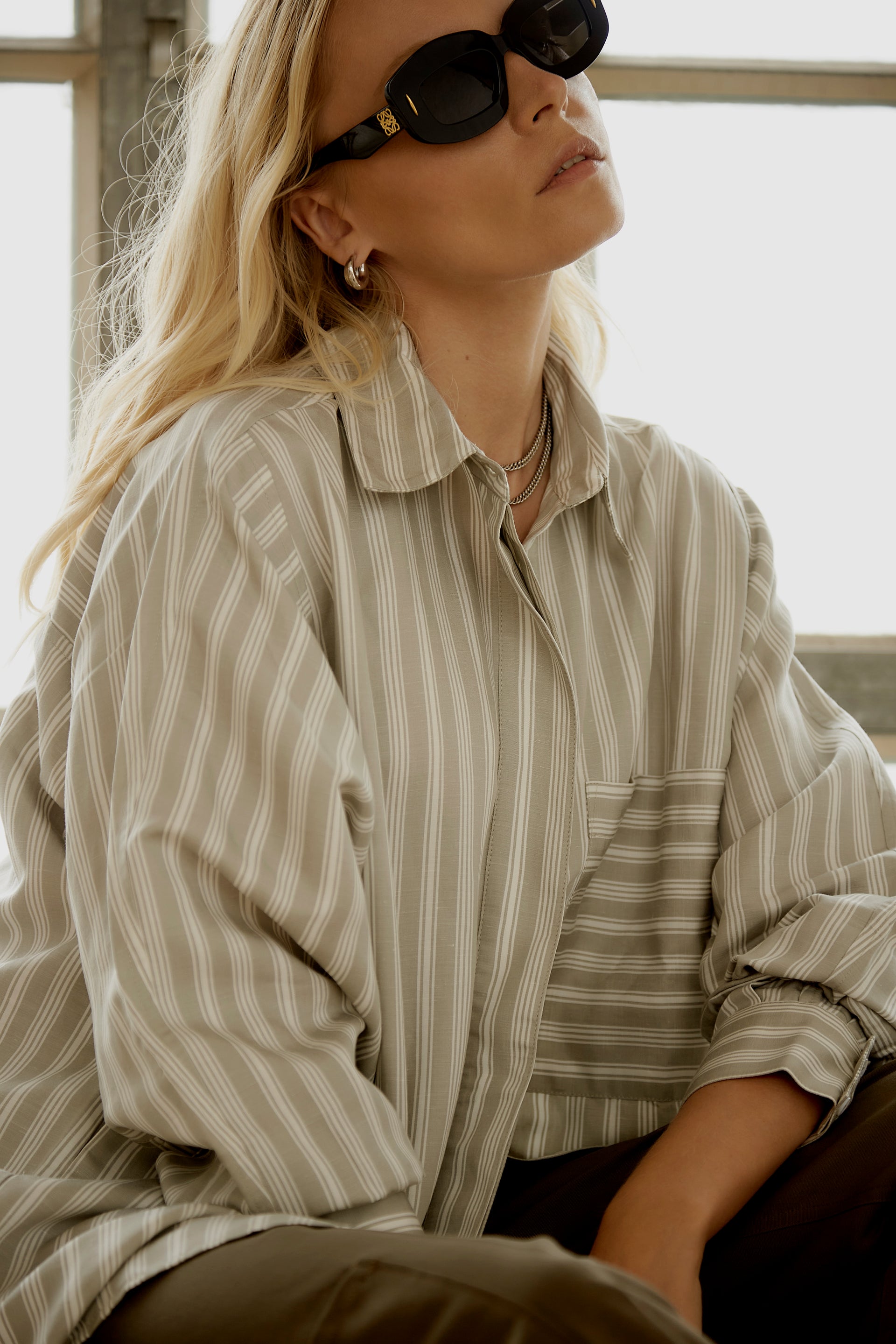 Stevie Oversized Shirt – Sage and Off-White